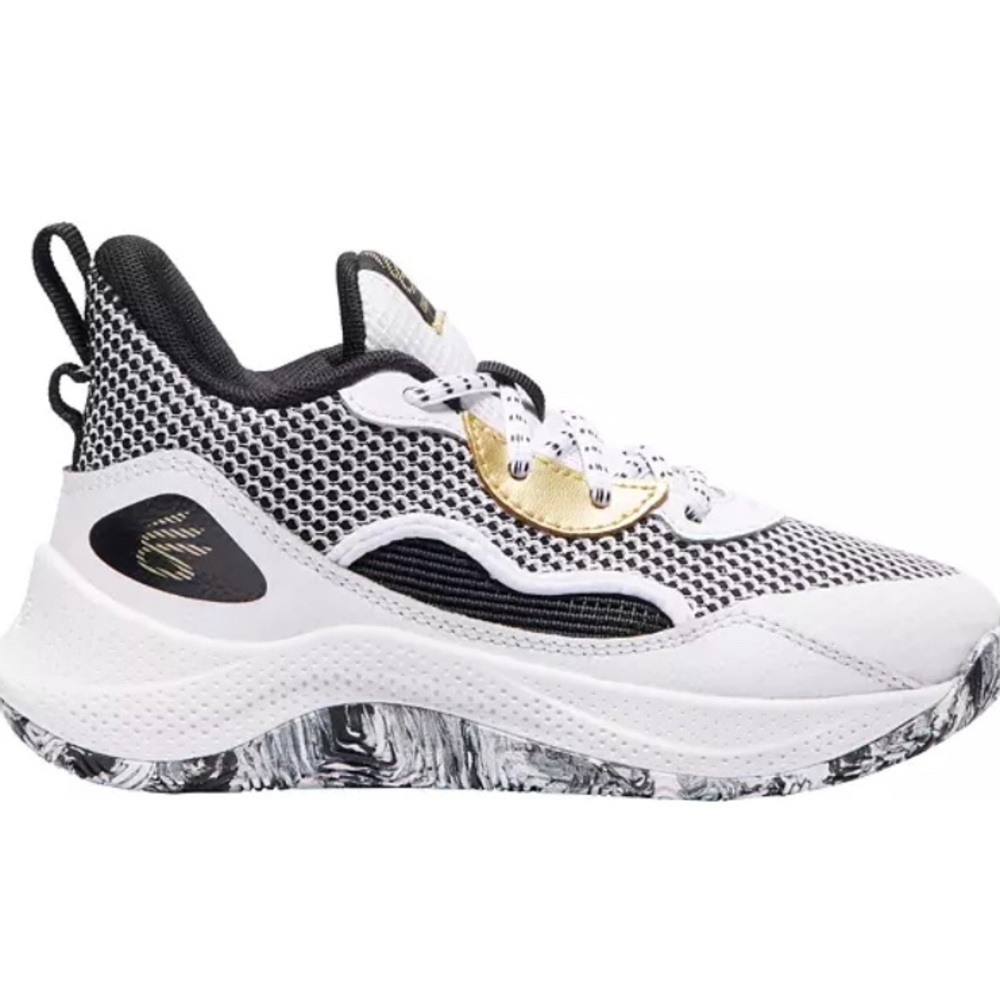 White and Black Athletic Sneakers with Gold Accents Steph curry